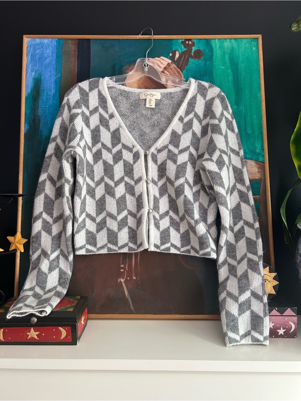Jessica Simpson Gray White Geometric Knit Cropped Cardigan Women’s Medium